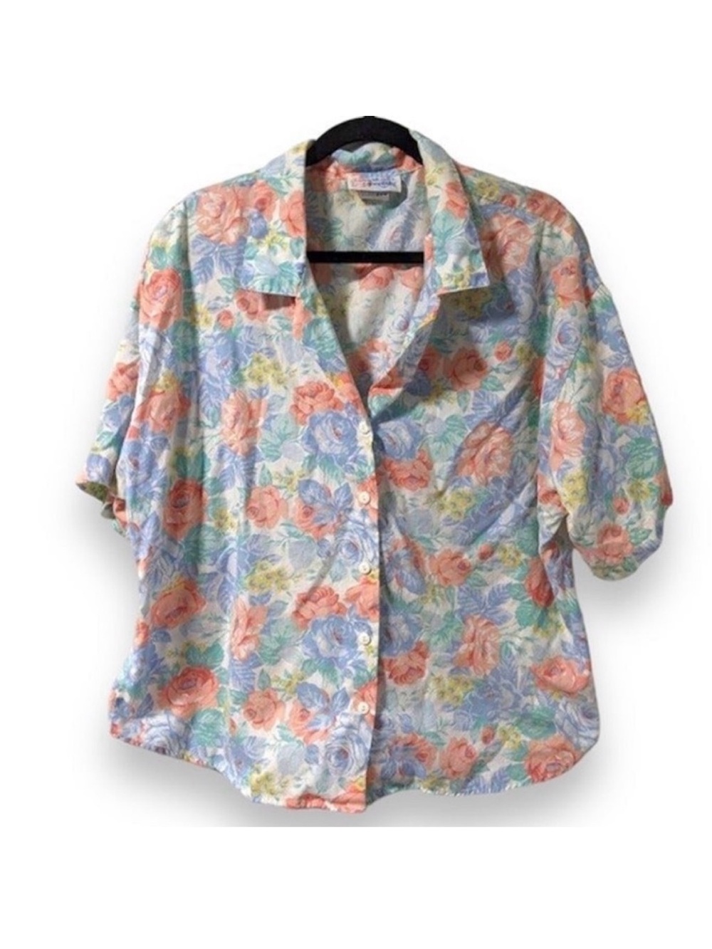 Vintage Pastel Floral Button Up Short Sleeve Shirt Women’s Plus Size 20W Summer